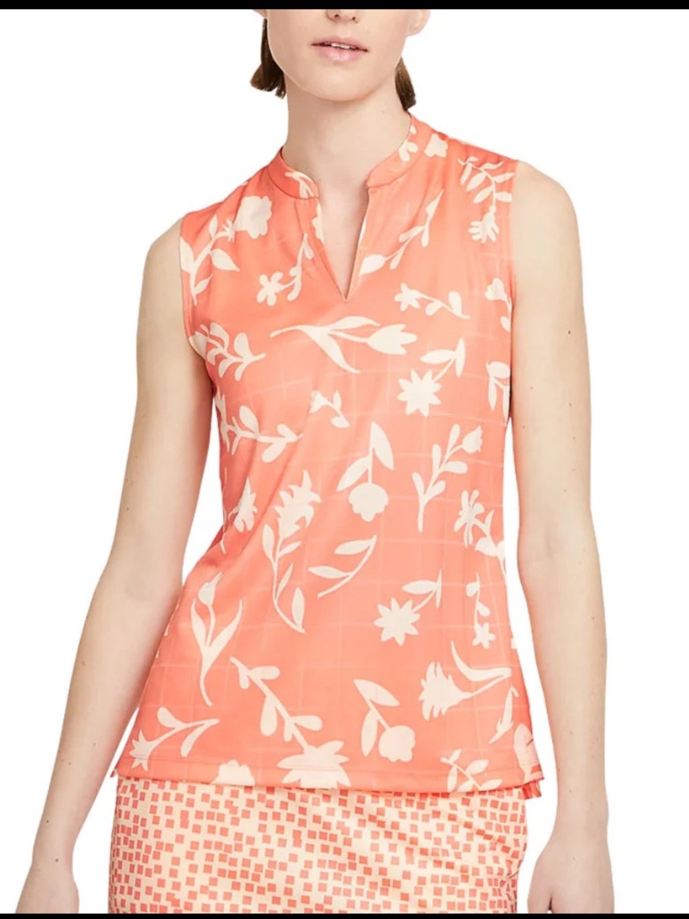 Nike Dri-Fit Sleeveless Coral Floral Print Top, Notch Collar, Sz M
